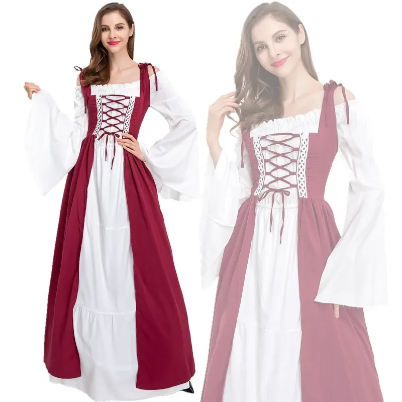 Halloween Women European Medieval Court Fancy Vampire Cosplay Costume Vintage Strapless Long Sleeve Queen Elegant Dress M-3XL