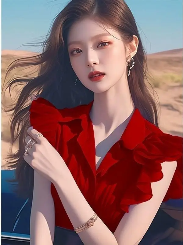 Ele الأرجواني الدانتيل Sve irt المرأة Faionable الصيف الأعلى جميلة Sli الراقية يشعر ort Sve V-Ne الكورية Sle #1