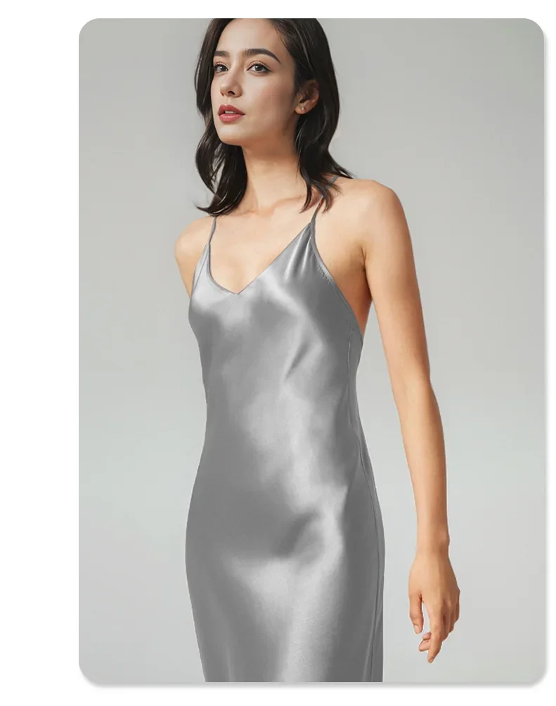 Sommerliches neues Damen-Nachthemd aus 100% Maulbeerseide, schwerer 19mm Seidenstoff, langes Neckholder-Trägerkleid