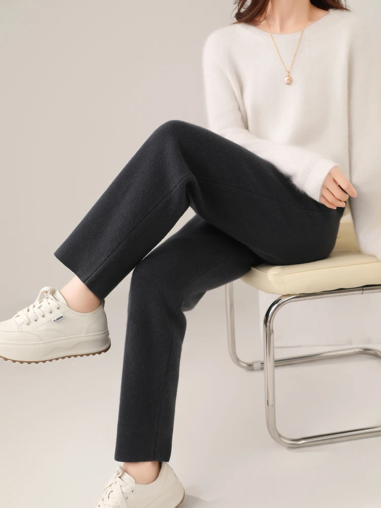 Women's Wool Pencil Pants Autumn Winter Office Lady Style Threaded Elastic Waist Trousers 100% Merino Wool Knitted Thicken Pants