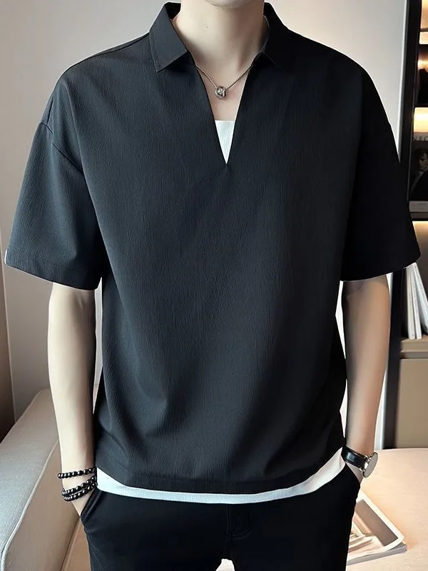 Summer Ice Silk irt ort Sve Men's Thin Faion Brand V-Ne f Sve Top Youth Trendy Body Fit T-irt