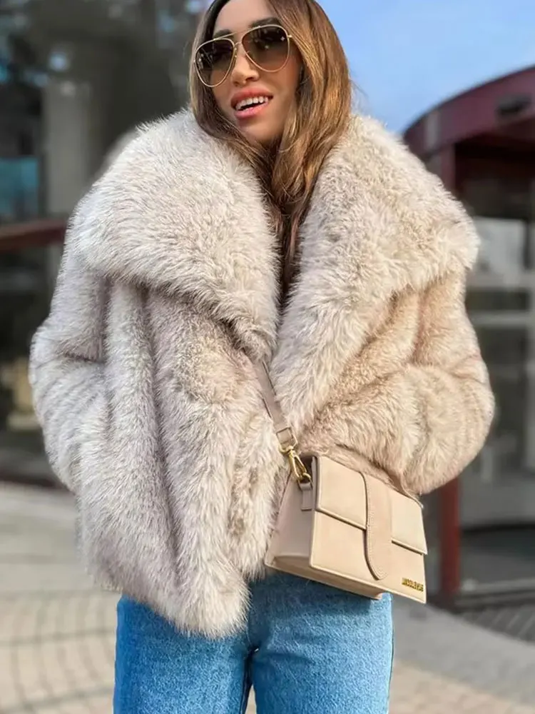 

HH Women Faux Fur Jacket Coat Casual Loose Long Sleeve Lapel Warm Coats Female Winter Fashion Lady Chic Streetwear Jakcets