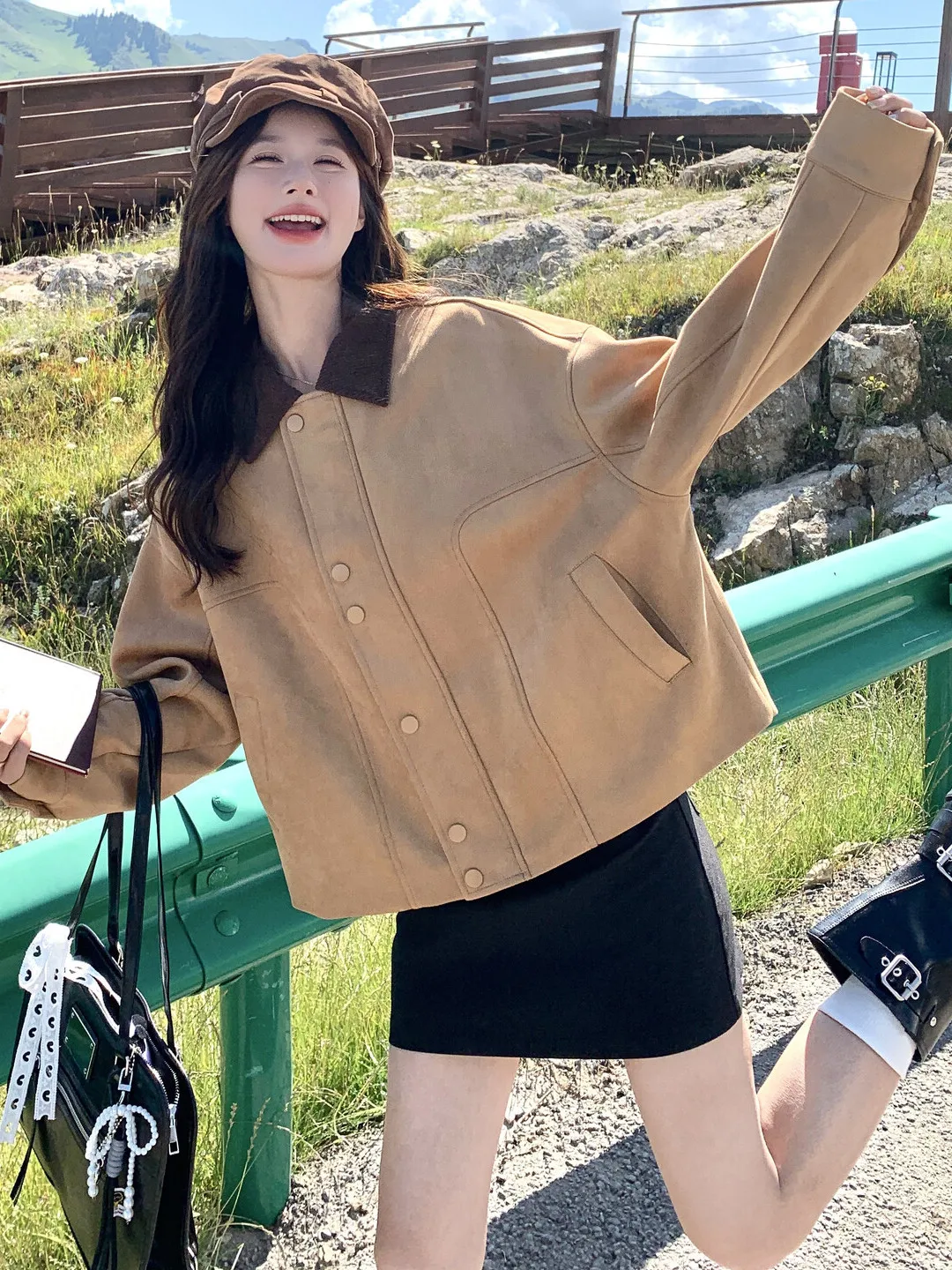 레트로 브라운 스웨이드 재킷 여성용 봄 가을 소형 캐주얼 루즈 다용도 패셔너블 중간 길이 버튼 업 코트