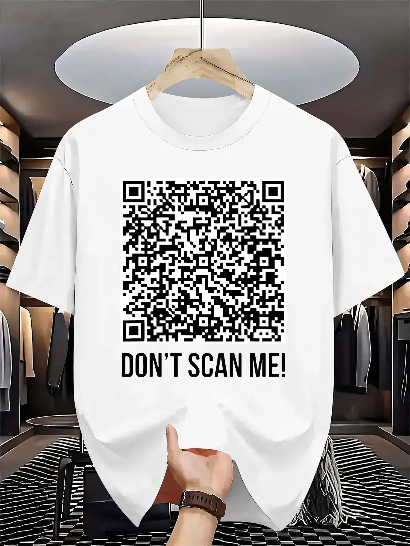 

Men's Humorous Don't Scan Me QR Code Print T-Shirt Breathable Regular Fit Casual Short Sleeve Round Neck Tee