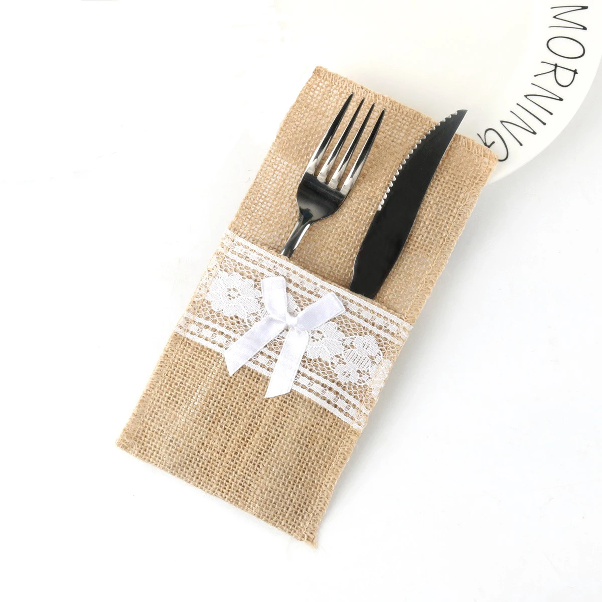 10pcs Wedding Party Linen Lace Knife And Fork Bag