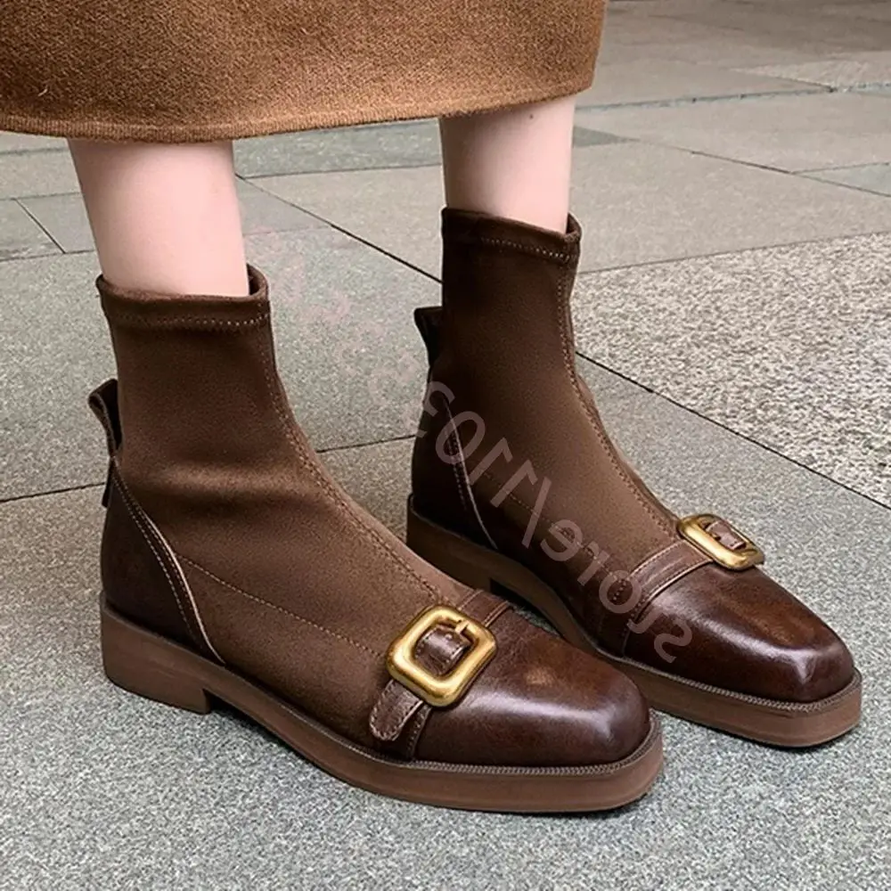 

Винтажные женские туфли челси с пряжкой на ремне, осень 2023, элегантные женские короткие ботинки из квадратной кожи с квадратной строчкой, повседневные эластичные ботинки