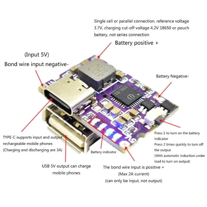 Type-C Motherboards 5V 3.1A Charging and Discharging Integrated Modules Protections Board for DIY