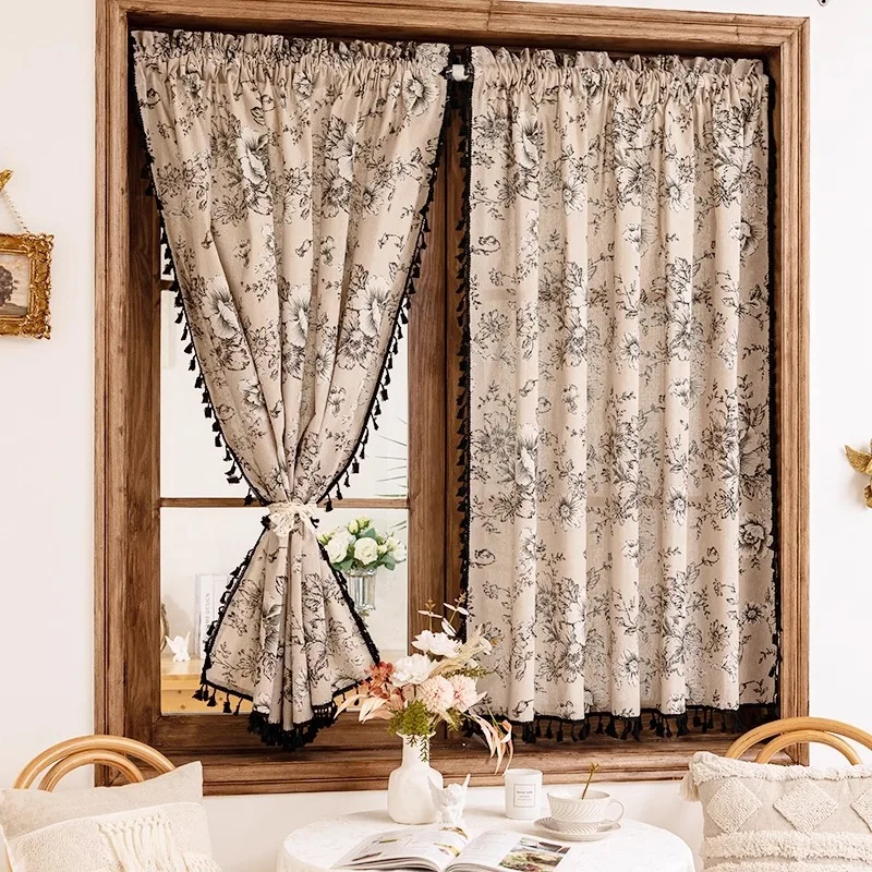 

American style printed black tassel cotton linen curtains, vintage, suitable for living rooms and bedrooms, blackout curtains.