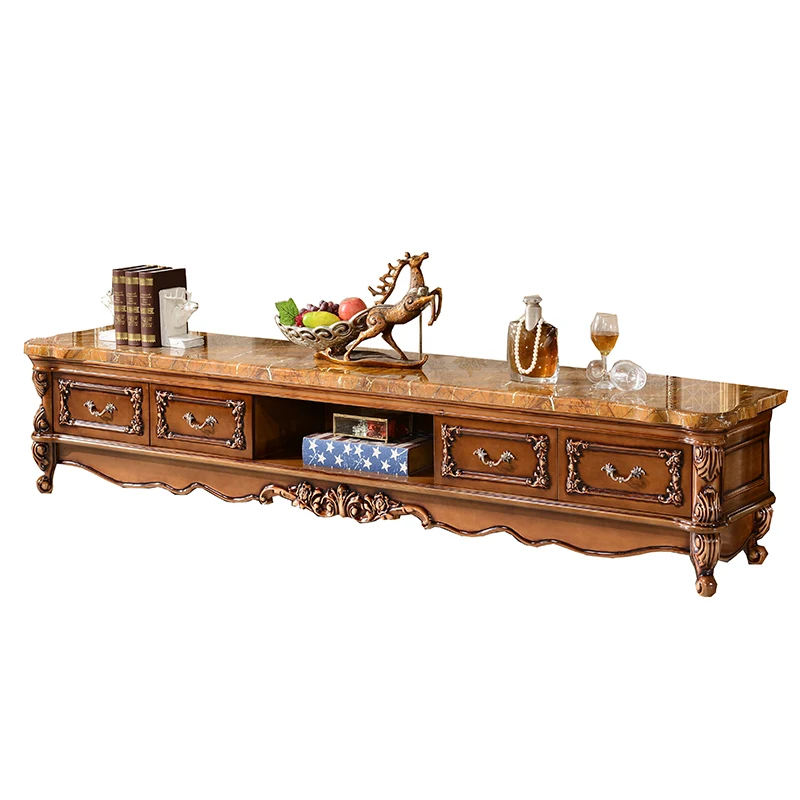 European natural marble TV cabinet, coffee table combination, full solid wood carving flower floor cabinet, antique living room