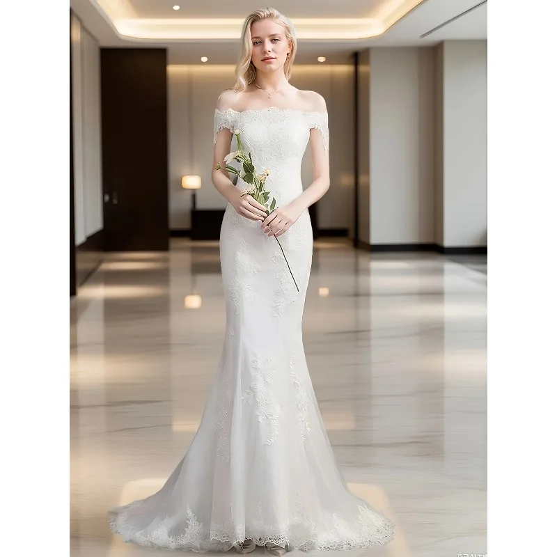 Elegant Off - Shoulder Wedding Dress Women's White Lace Mermaid Gown with Sheer Short Sleeves for Romantic Party Gown Customized