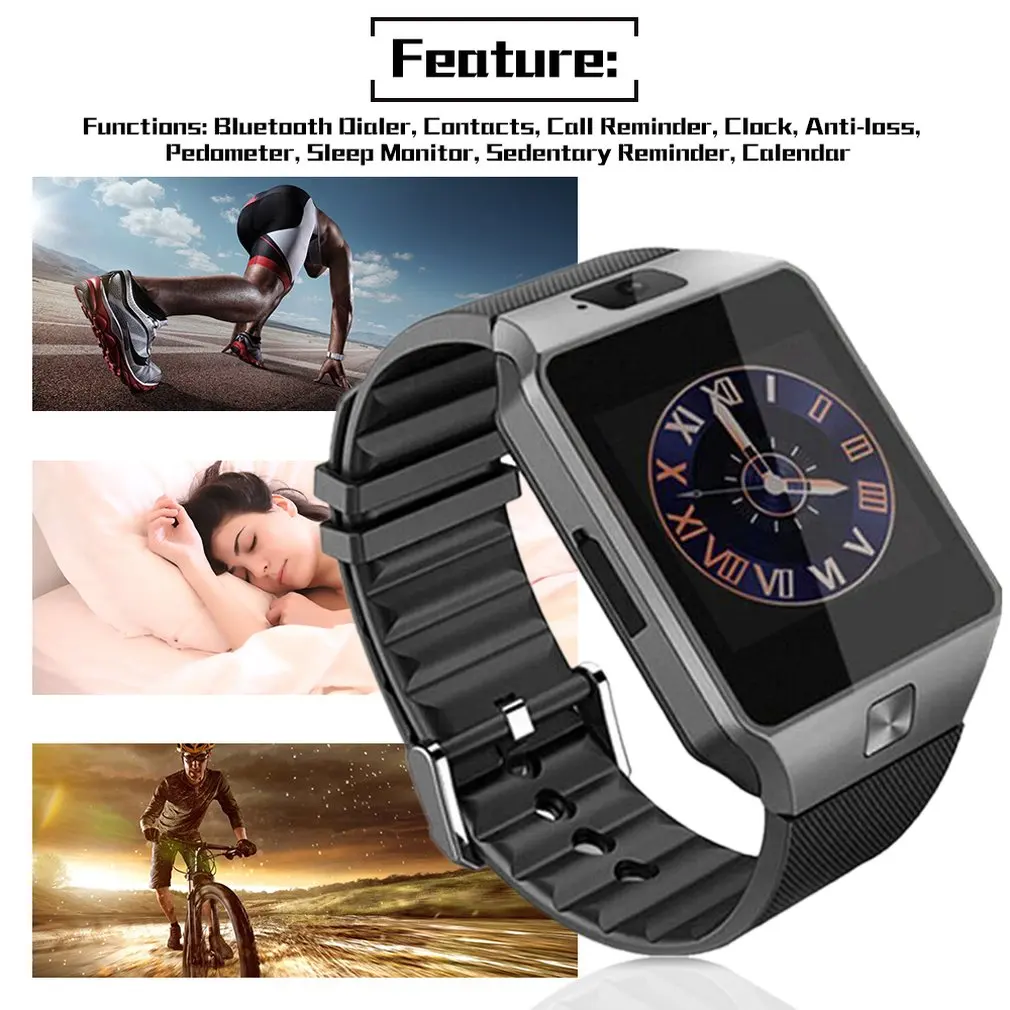 Montre intelligente à écran tactile numérique avec appareil photo, montre-bracelet compatible Bluetooth, carte EpiCard, iOS, Android, matin, DZ09