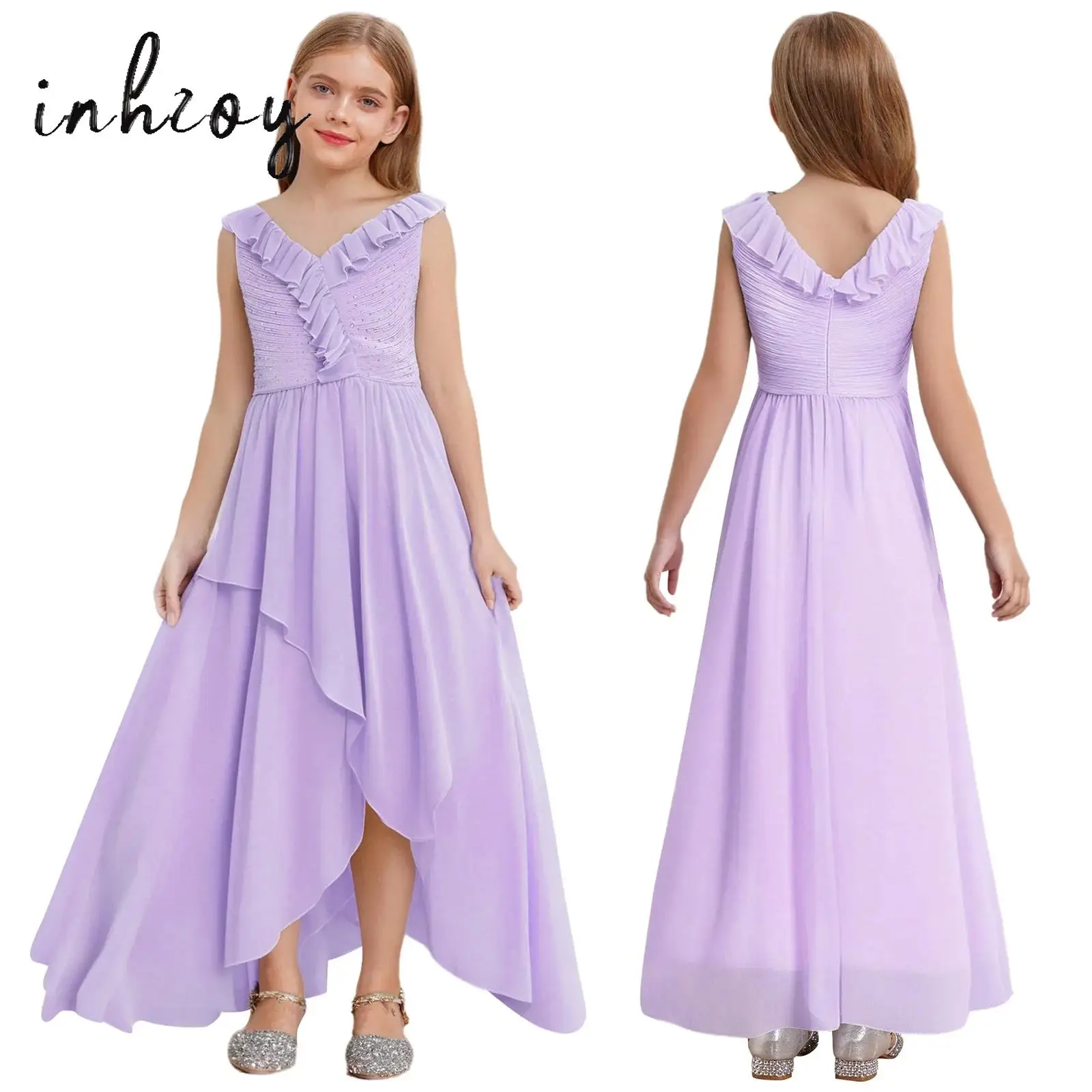 Girls Elegant Chiffon Party Dress Sleeveless Ruffle Collar Floor-length Maxi Dress for Wedding Pageant Birthday Evening