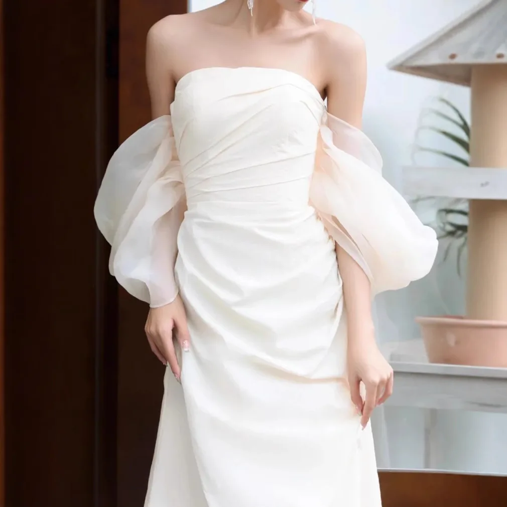 Leichtes Hochzeitskleid für Frauen, elegantes, sexy Schießkleid, trägerloses Abendkleid, Ballkleider, rückenfrei, Host-Cocktail-Partykleid