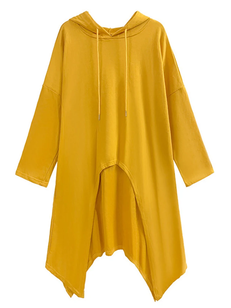 EAM Yellow Irregular Midi Sweatshirt New Hooded Drawstring Long Sleeve Women Big Size Fashion Tide Spring Autumn 2023 1DH3876