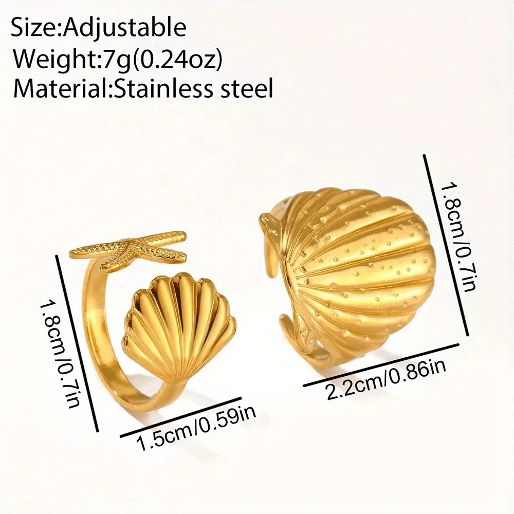 مجموعة خواتم قابلة للتعديل على شكل نجم البحر المحيط للنساء باللون الذهبي من الفولاذ المقاوم للصدأ قابلة للتكديس خاتم مفتوح هدية لقضاء عطلة الشاطئ