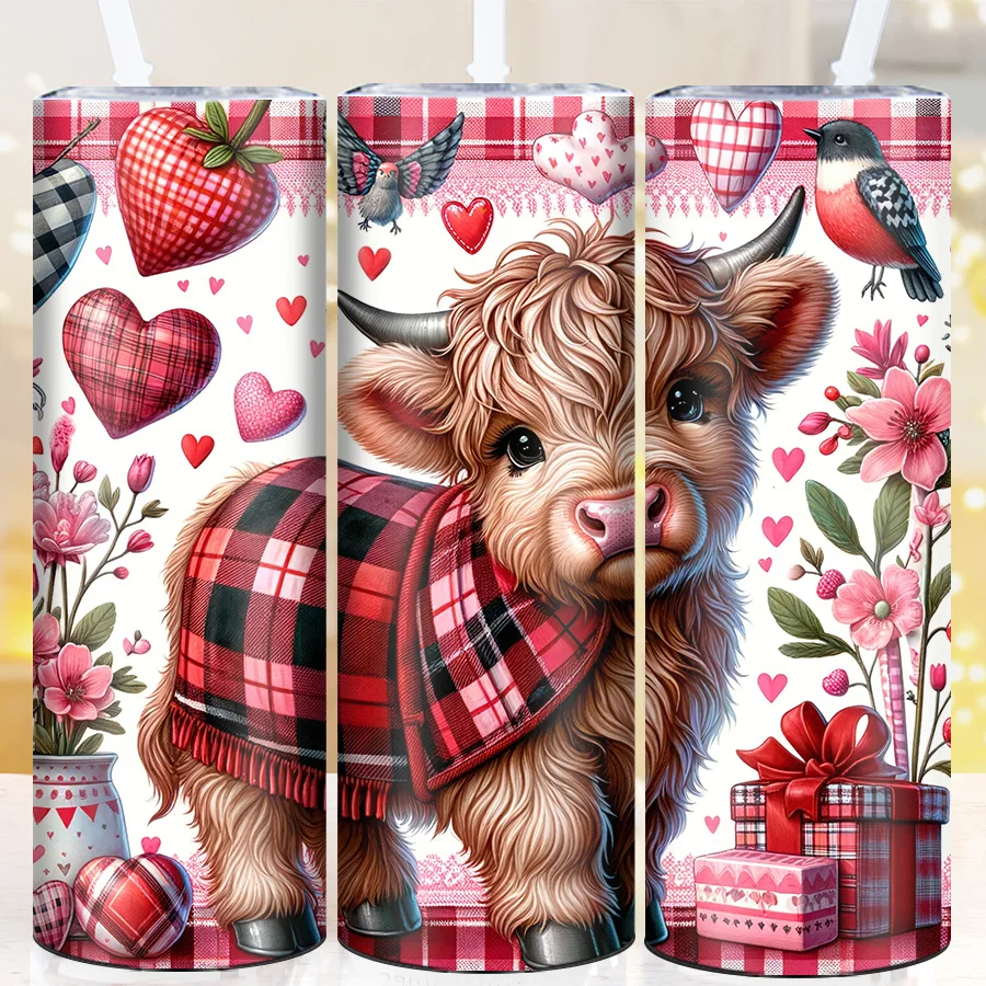 20oz Party Vacuum Tumblers Straw Lid 3D Print Highland Cow Valentine's Day Cups Stainless Hot Cold Insulated Bottle Party Mugs