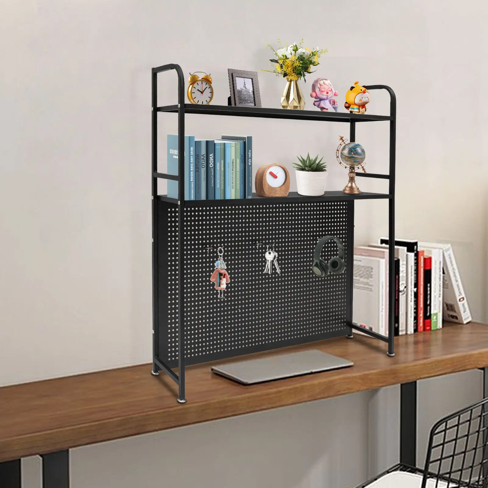 H-shaped Desk Organizer Rack 2 Tiers Freestanding Desktop Metal Bookshelf with Silent Foot Mats