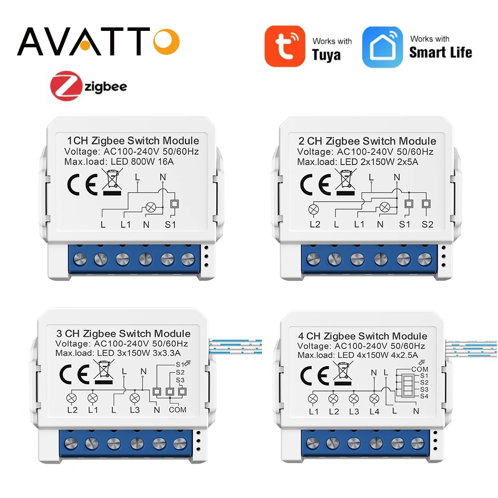 AVATTO Tuya Smart Zigbee Light Switch Module 1 2 3 4 Gang 110V-220V Supports 2 Way Control Work for Alexa Google Home