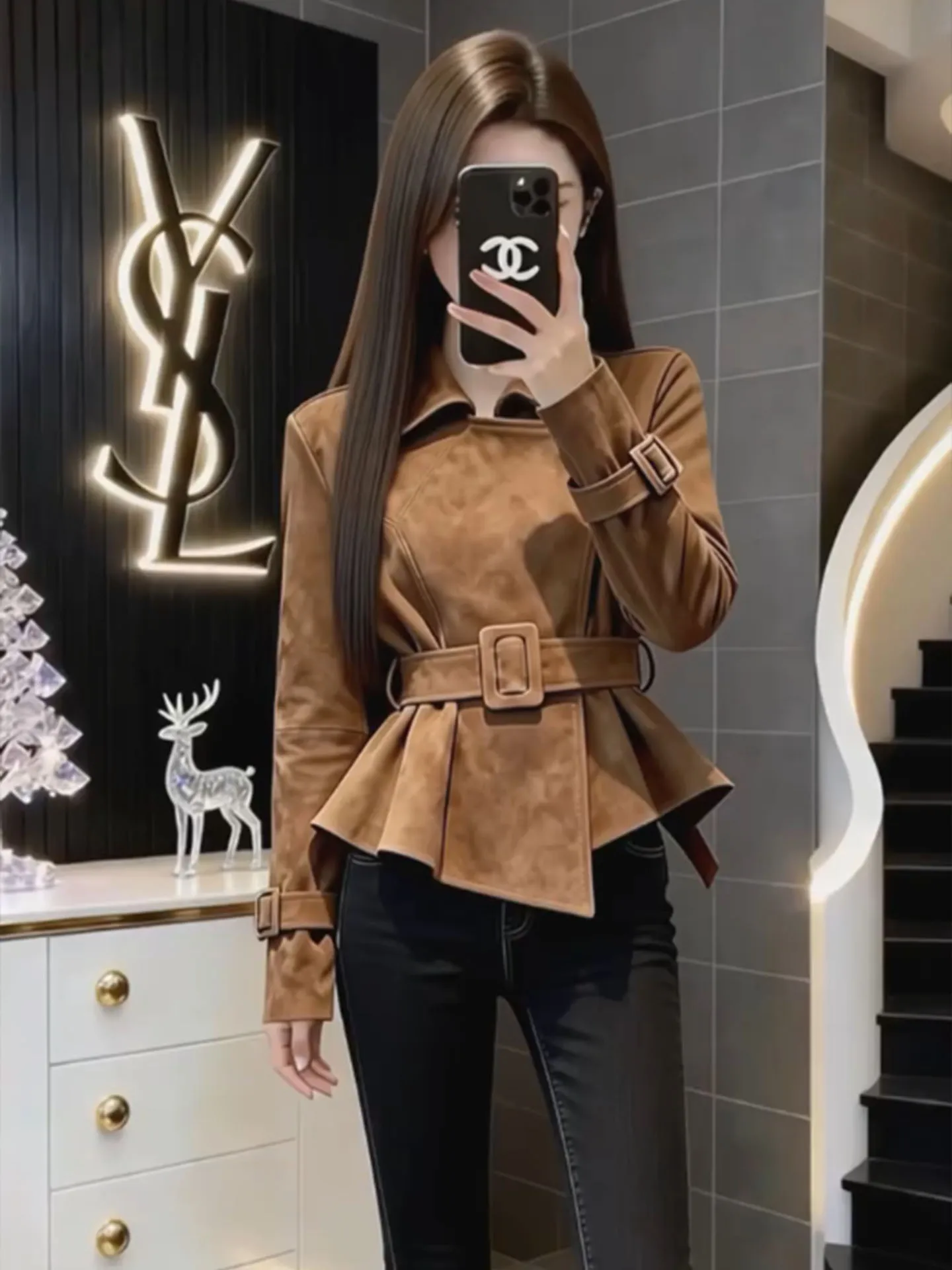 

Chic Brown Waist-Cinching Collared Women's Jaet Commute Sle Faionable Versatile Top Single Court Brand New Arrival