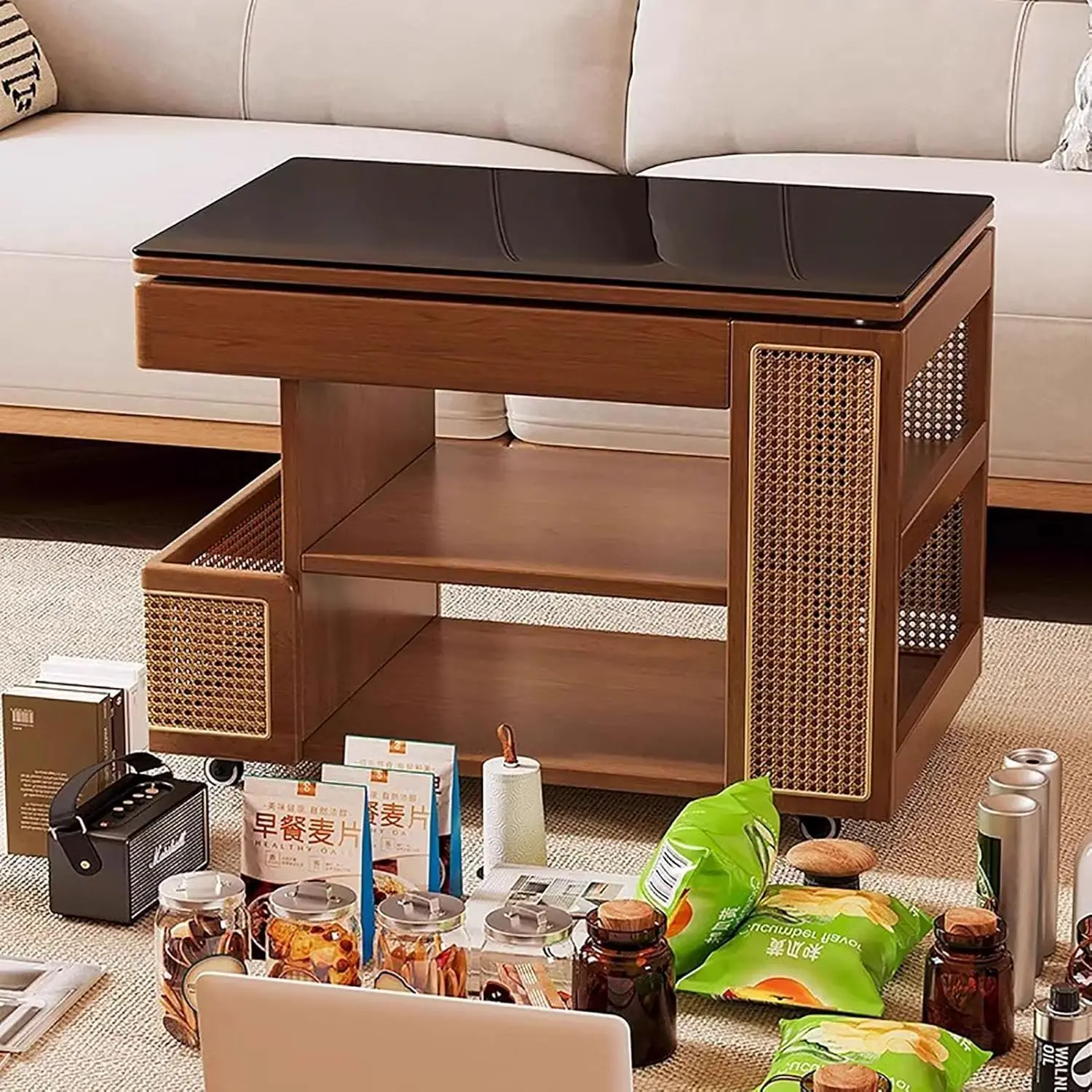 طاولة قهوة خشبية متنقلة، طاولة جانبية قابلة للرفع، عربة تروللي صغيرة للطاولة التي تنزلق أسفل غرفة المعيشة (27 × 17 × 21 بوصة)