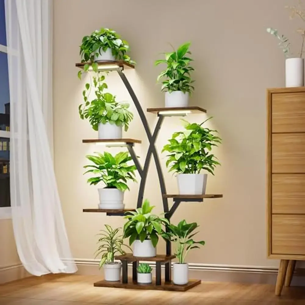 7 Tiered Indoor Plant Stand Shelf with Grow Lights Multiple Plants Tree-Shaped Creative Design Sturdy Iron Structure Easy