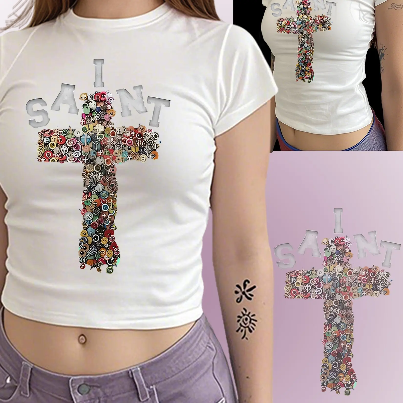 

Street Trend Y2K Style Hip Hop Letter Cross Printed Cotton Short Sleeve Skinny Printed T-Shirt Crew Neck Women's Skinny Top