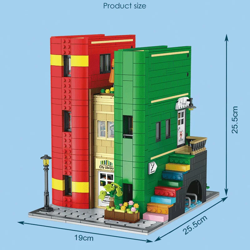 Blocs de construction de bibliothèque de villes créatives, modèle MOC, ornement de bureau modulaire, vue sur la rue, jouet d'architecture, cadeaux pour adultes