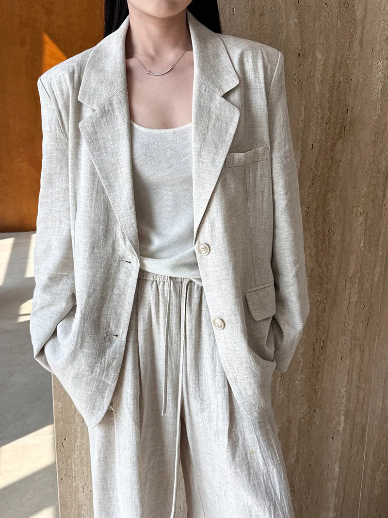 Apricot Linen Brief Casual Blazer Lapel Long Sleeve Women Two Pieces Drawstring Wide Leg Pants Spring Summer