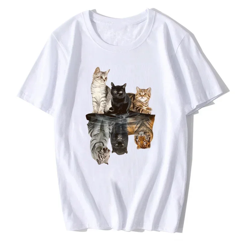 Cat Reflection Printed T Shirt New Female T-Shirt Summer Casual Animal Cat Streetwear Fashion Harajuku Kawaii shirt Y2K Clothing