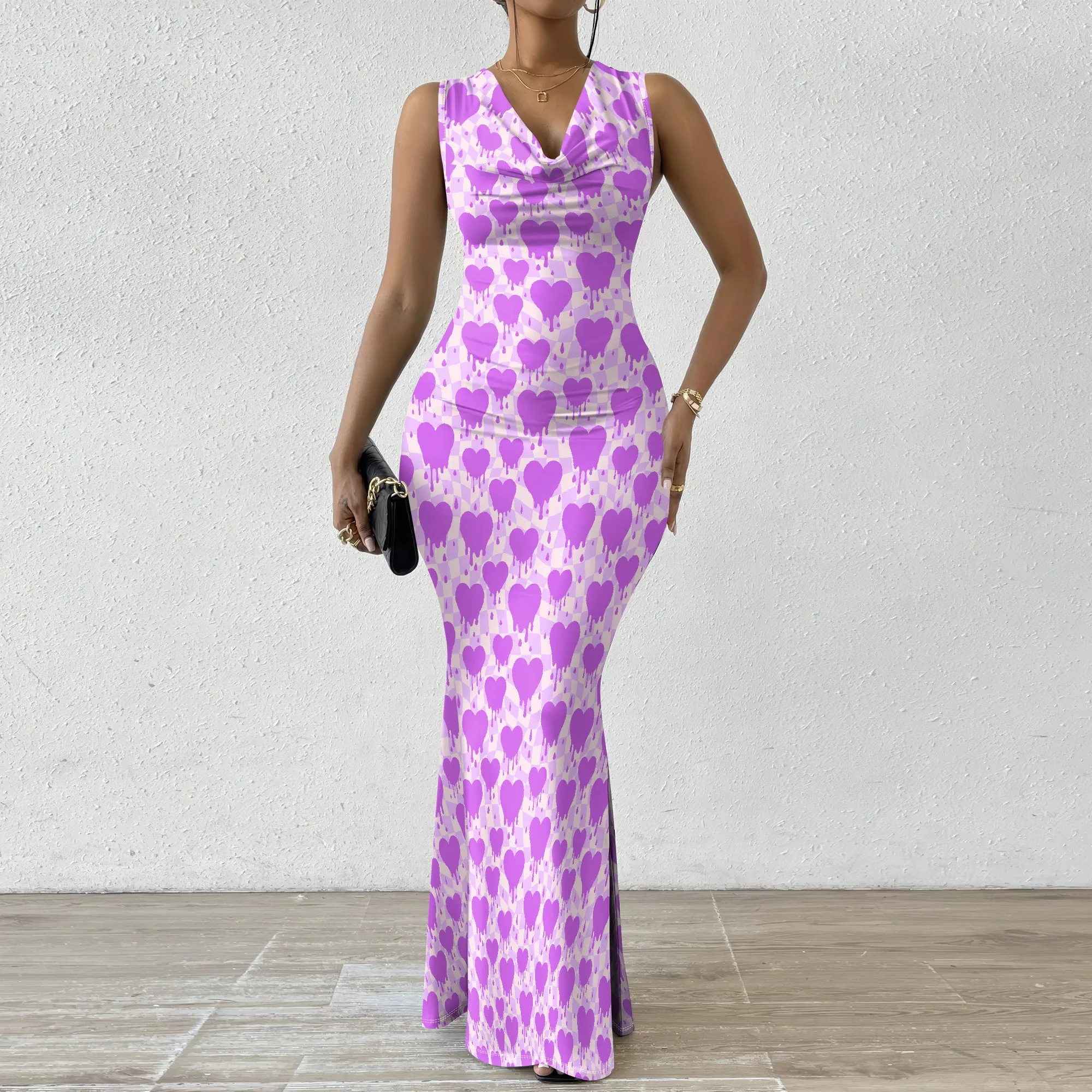 

Women's Mermaid Dress Fitted Cowl Neck Fishtail Dress XS-2XL Love Pattern for Winter Wonderland Party Christmas Eve