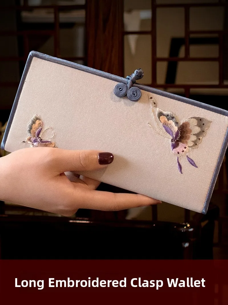 New Long Handbag Embroidered by Hand on  Silk Traditional Style Women's Wallet with Buckle Closure Floral Pattern