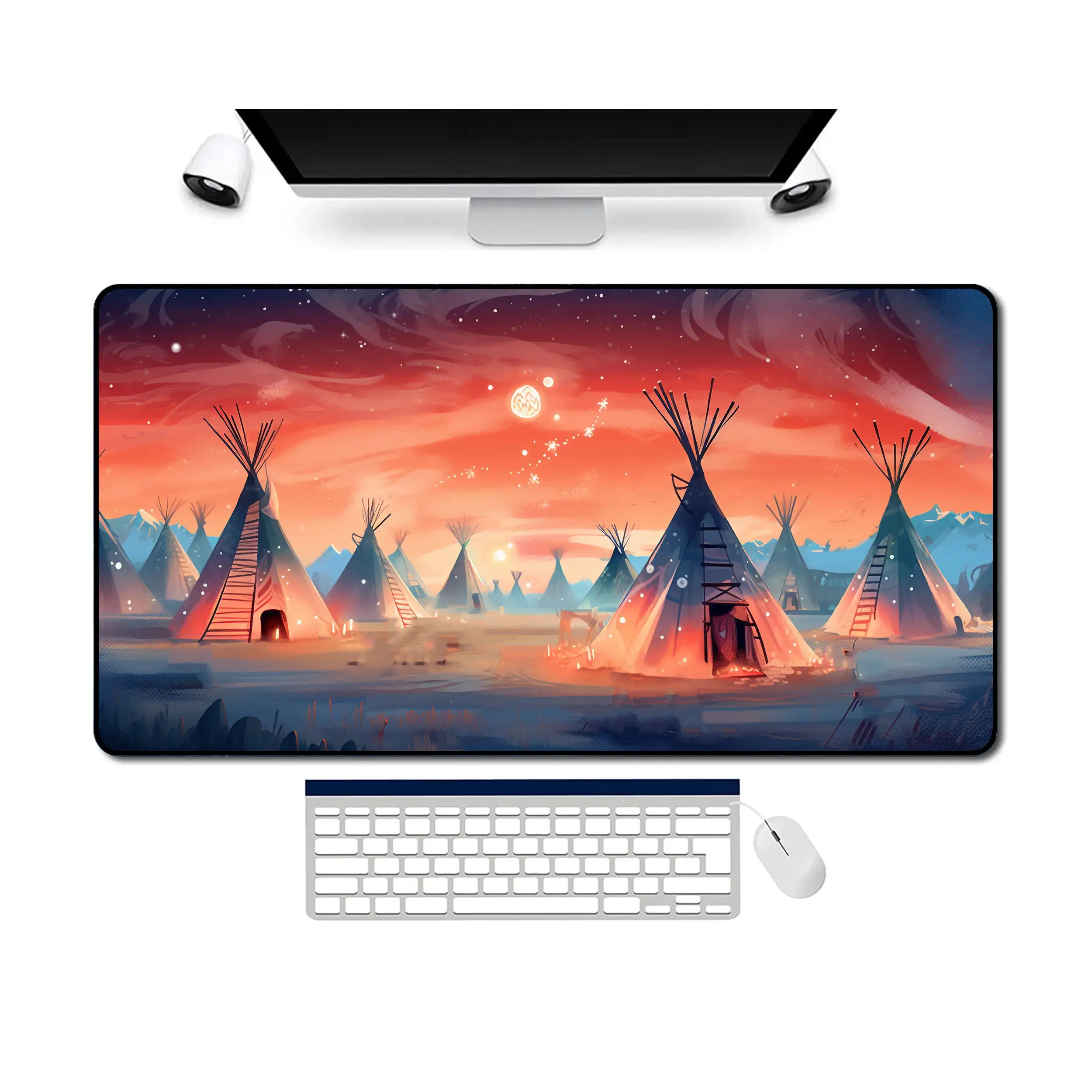 Midnight Tent Village Desk Mat,non-slip and Waterproof Mouse Pad,office and Gaming Desk Decorative Mat,perfect Gift for Friends.