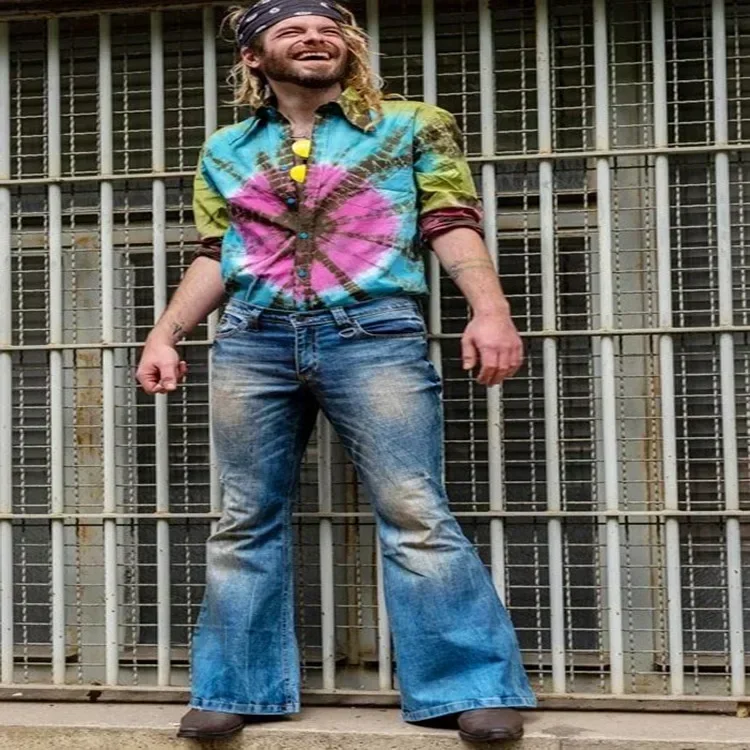 

Men Jeans Flare Pants Embroidery Mid Waist Print Slim Fit Denim Zipper Pockets Slight Strech Ankle Length 2025 Punk Style