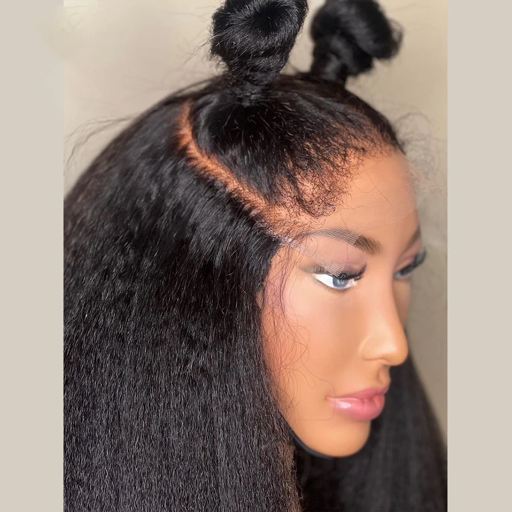 26 بوصة طويلة ياكي لينة الطبيعية أسود غريب مستقيم 180 الكثافة الدانتيل شعر مستعار أمامي للنساء مع شعر الطفل قبل قطعها غلويليس يوميا