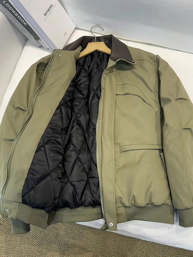 Military Green Pilot Jacket Cotton Coat Men's Autumn Winter Design Sense Rivet Leather Collar Outerwear Shape Jacket