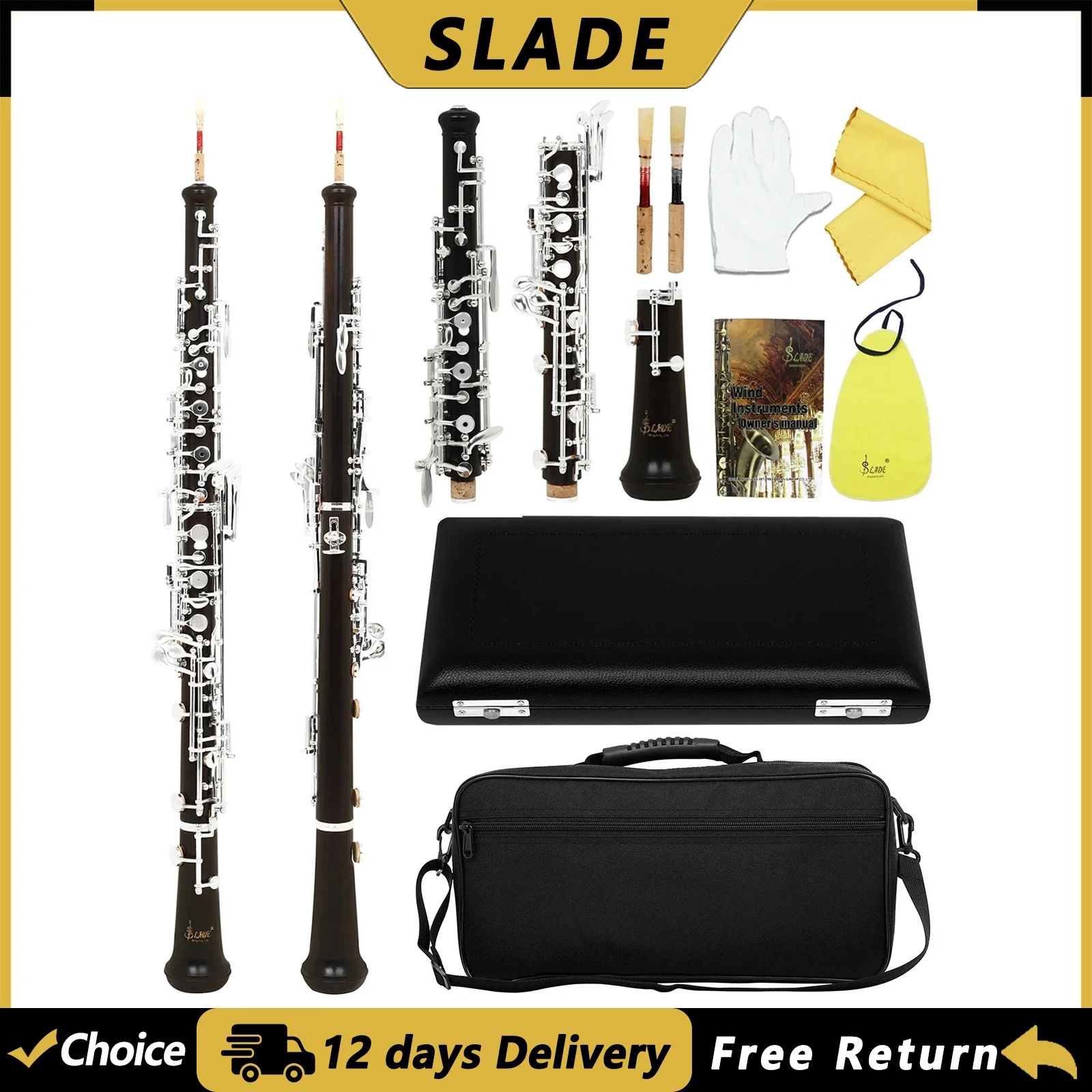 SLADE 22 Key Bb Oboe Semi-automatic Oboe Professional Bb Key Ebony Oboe Woodwind Instrument with Reed Gloves Case Accessories