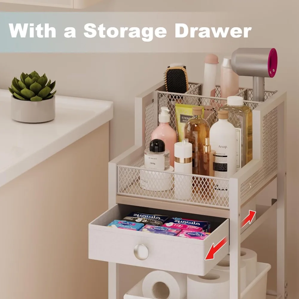 Drawer Narrow Freestanding Shelf for Bathroom Storage, Makeup Organizer, 3 Grid, for Flat Iron, Curling Iron, Skincare Storage