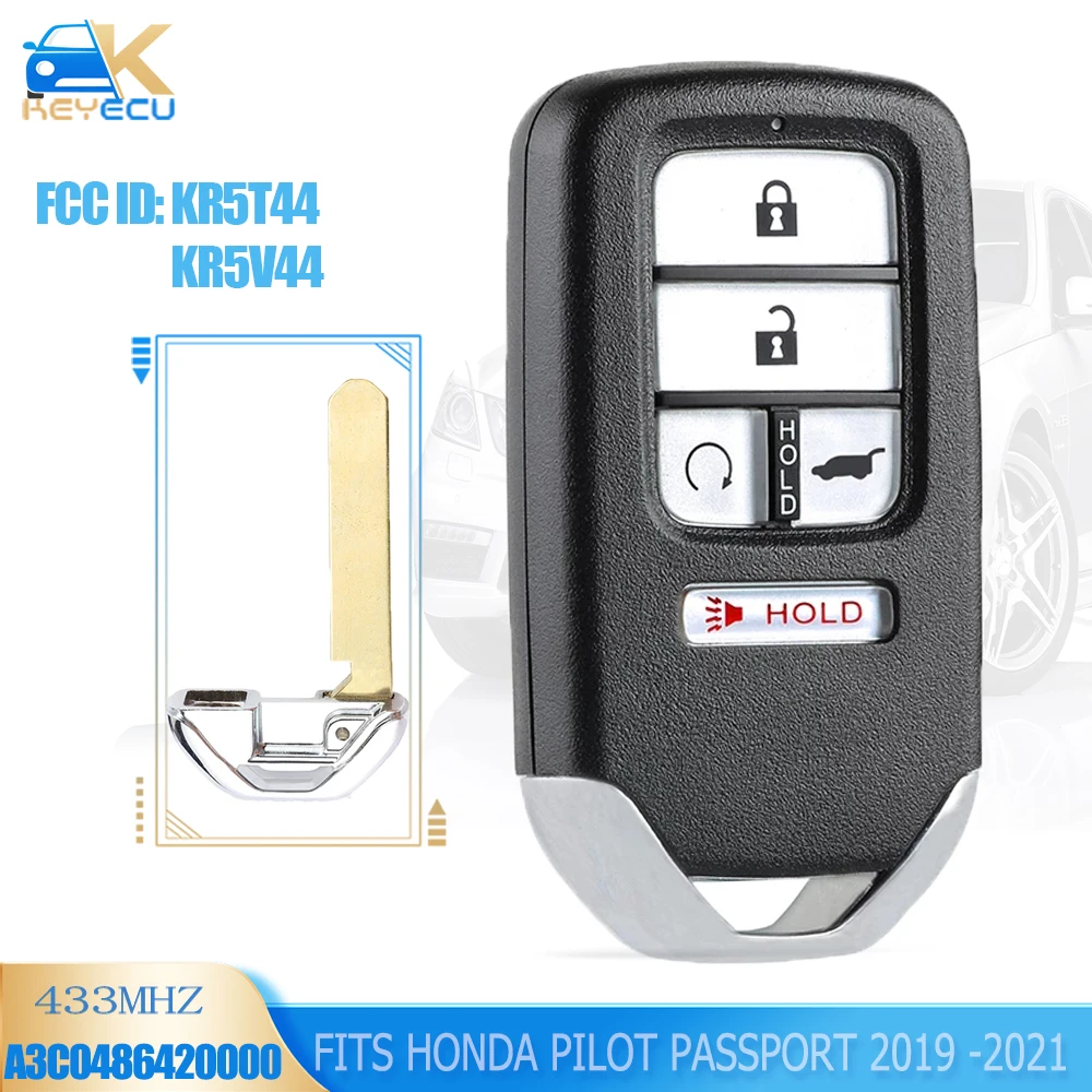 KEYECU KR5T44, KR5V44 433.92MHz ID47 Smart Remote Car Key 5 Button Fob for Honda Pilot Passport 2019 2020 2021 2022 Fob