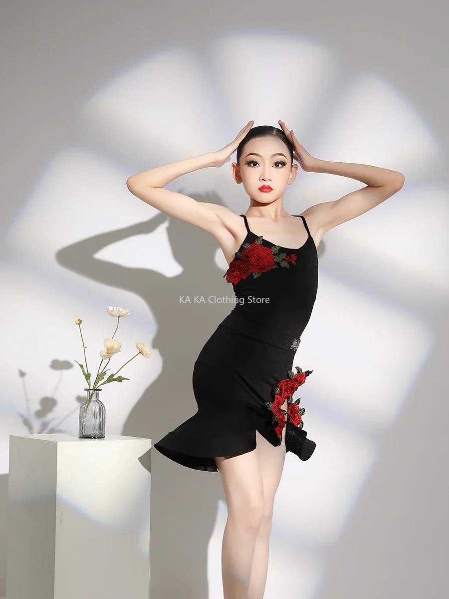 Ruffle Latin Dance Wear menina para crianças, vestido de competição para meninas, salão de baile, salsa, tango, performance Cha Cha, saia de prática, samba