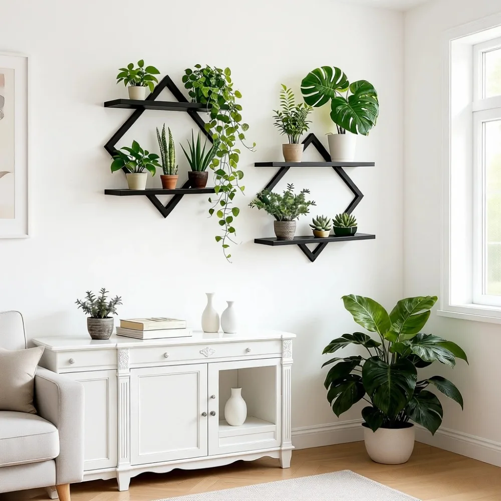 

Набор из двух настенных полок-держателей для растений, книг и фотографий, черный цвет