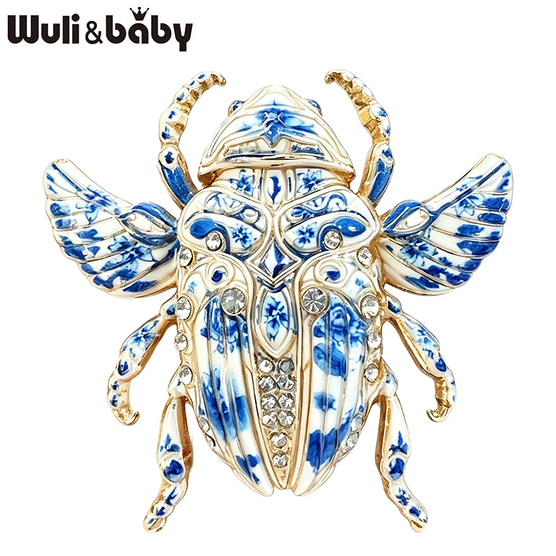 Wuli&baby Lovely Beetle Brooches For Women Men 4-color Rhinestone Blue-and-white Porcelain Insects Party Casual Brooch Pins Gift
