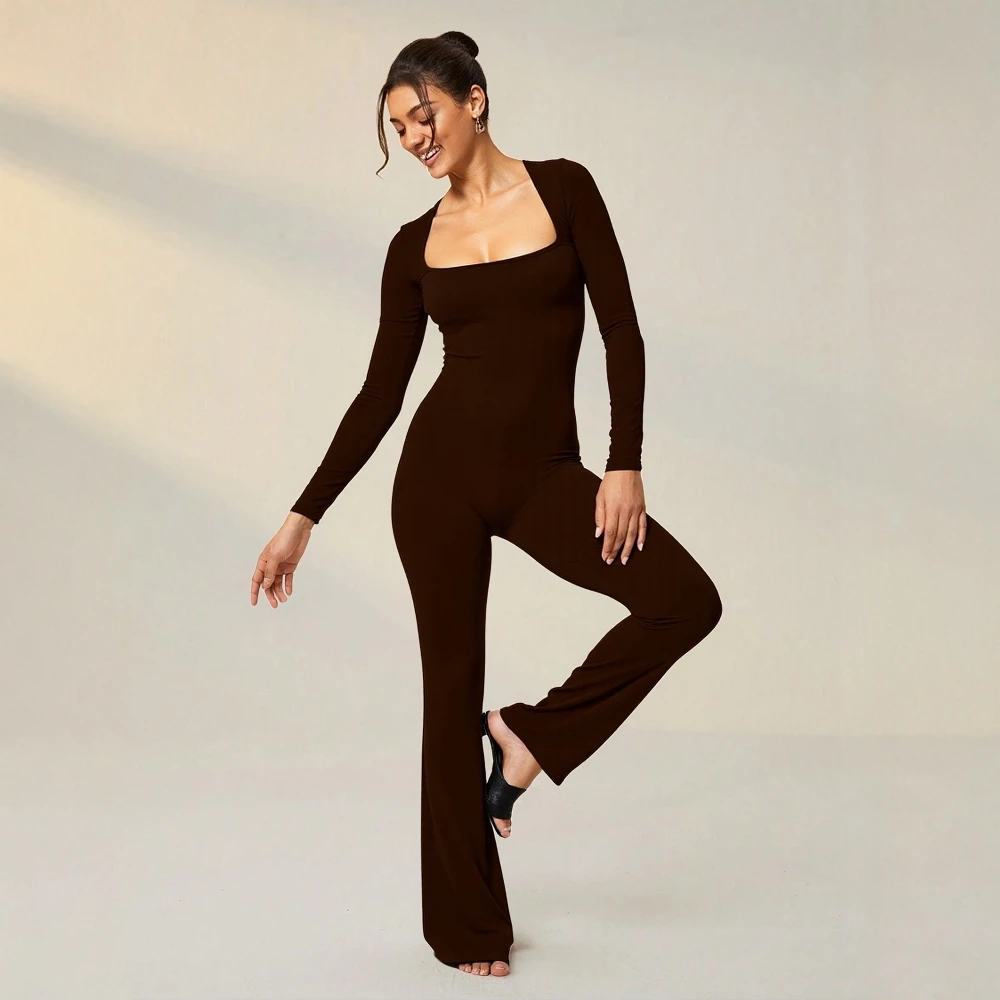 

Women's Jumpsuits 2025 Fall Essential Plain K-Style Long Sleeve Square Neck Full Length Wide Leg Jumpsuits