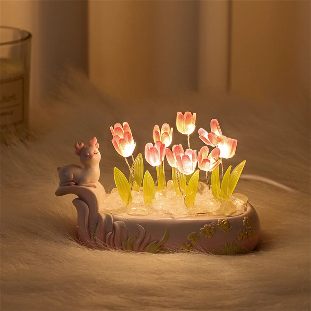 Luz nocturna de tulipán de ciervo para niña, decoración de escritorio para sala de estar, regalo de cumpleaños hecho a mano, regalo de vacaciones DIY (10 flores), 2024