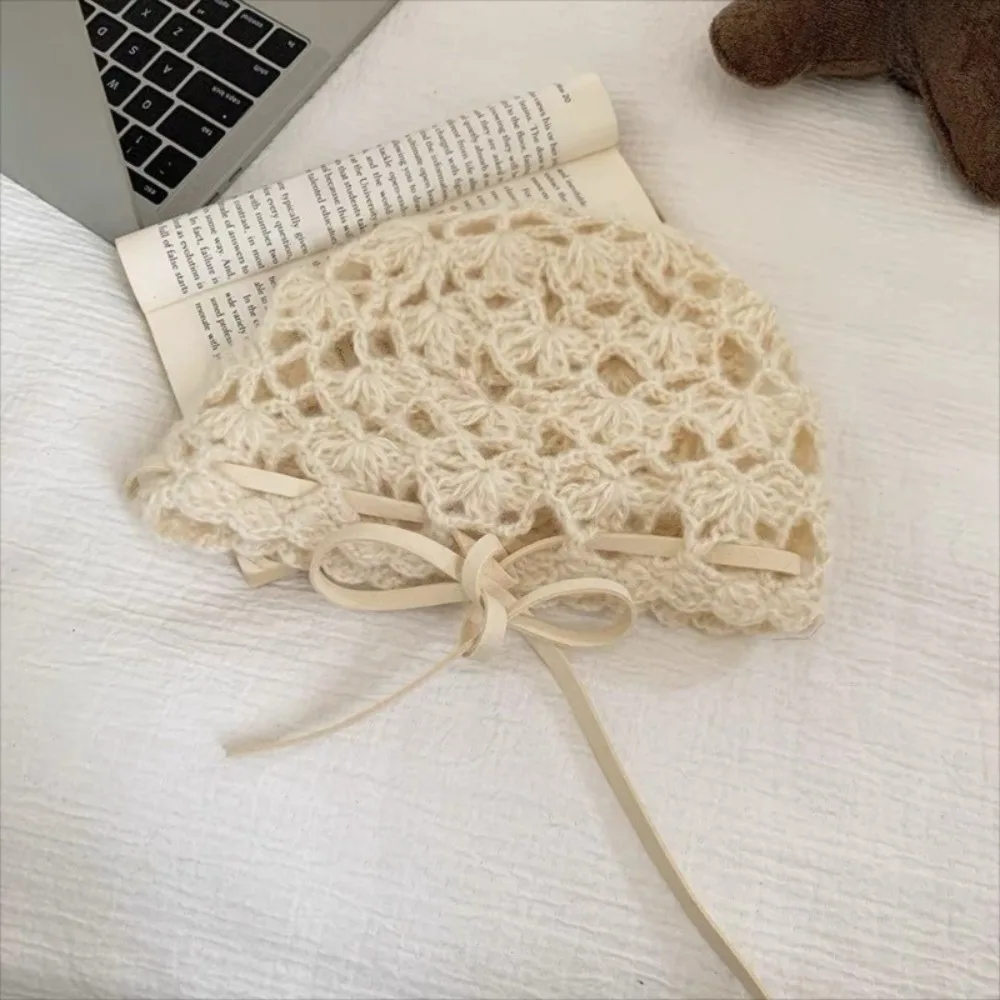 

Cute Bow Crochet Hollow Knitted Hat Strapped Bohemian Style Knit Beanies Hollow Out Korean Ethnic Style Hat Outdoor