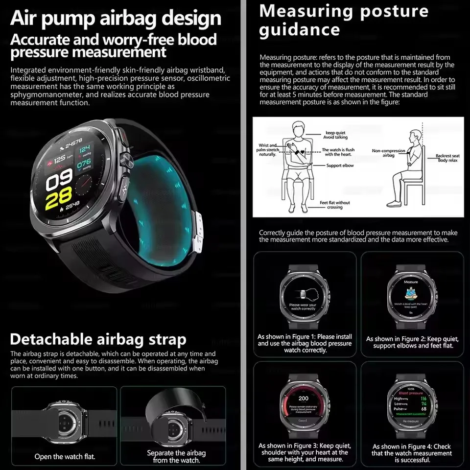 2025年最新 Android Watch エアポンプ エアバッグ スマートウォッチ メンズ 466*466 AMOLED 正確な測定 ECG 脂質-尿酸 健康 スマートウォッチ