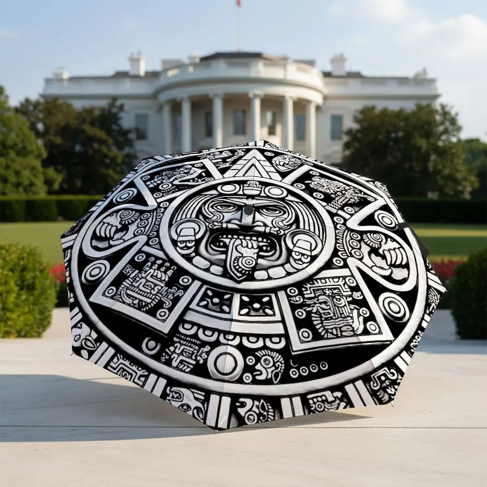 Aztec Mayan Calendar Design Black and White Mandala Art Umbrella Compact Fashion Folding Umbrella for Daily Use,Christmas Gift