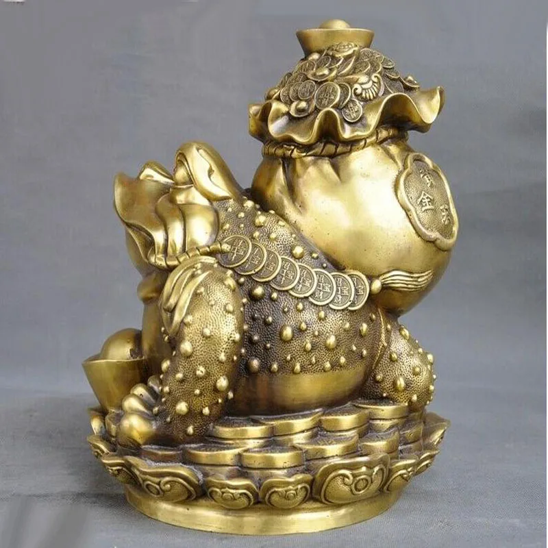 Free Shippng Chinese FengShui Brass  Copper Wealth Bag Yuanbao Coin Golden Toad Bufo Statue