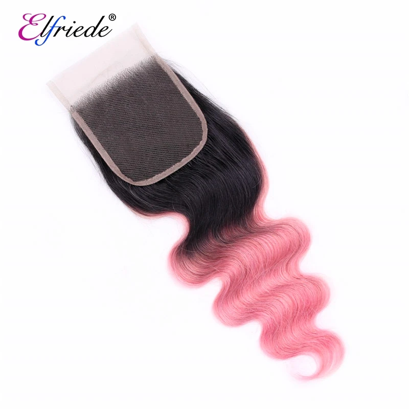 Elfriede #1B/Rose Pink Body Wave Precolored Hair Bundles with Closure 100% Human Hair Wefts 3 Bundles with Lace Closure 4x4