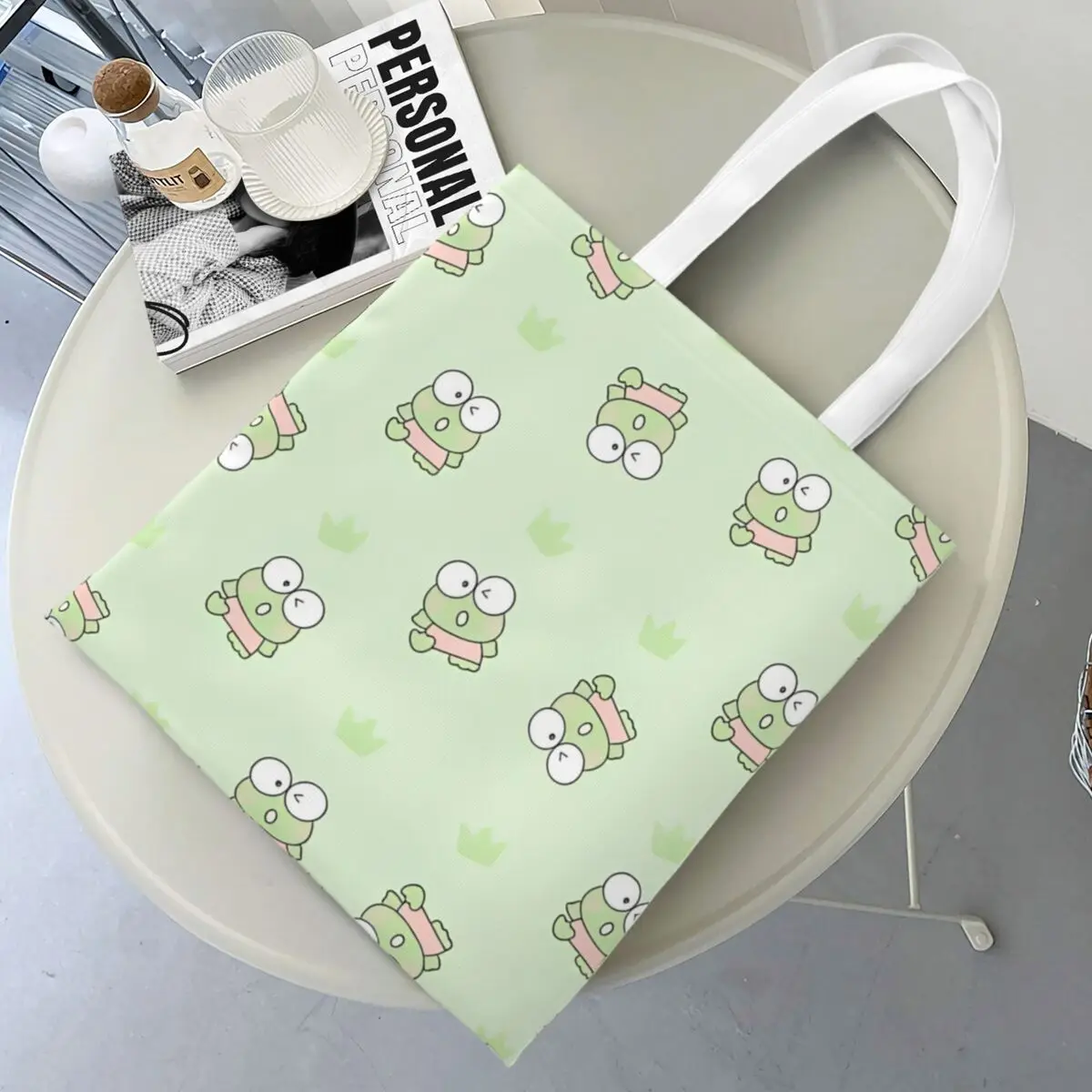 Sanrio Keroppi Frog Canvas Tote Bag Aesthetic Unique Design Cartoon Shopping Bag for Women Men