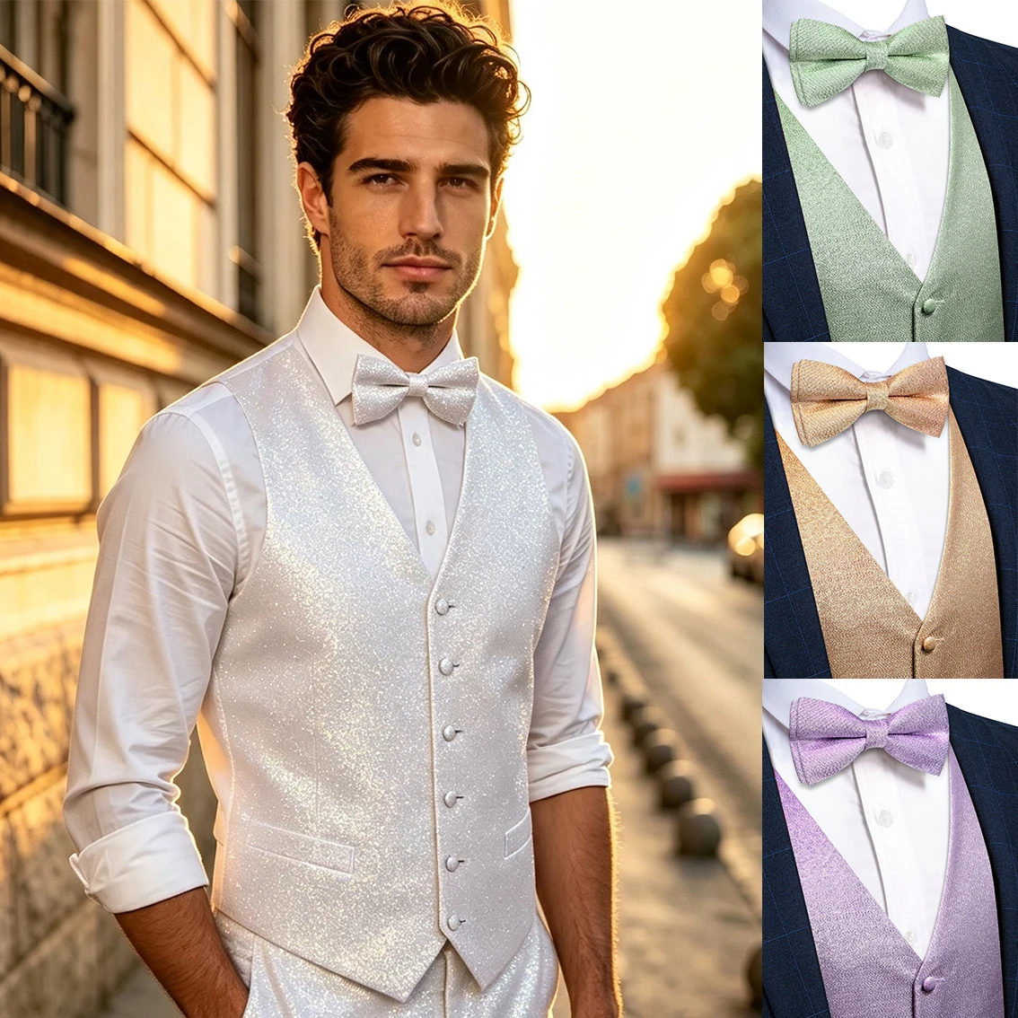 Men'S Grooming Club - VERVEROW メンズ パールホワイト ベスト ボウタイセット、スリムフィット フォーマル